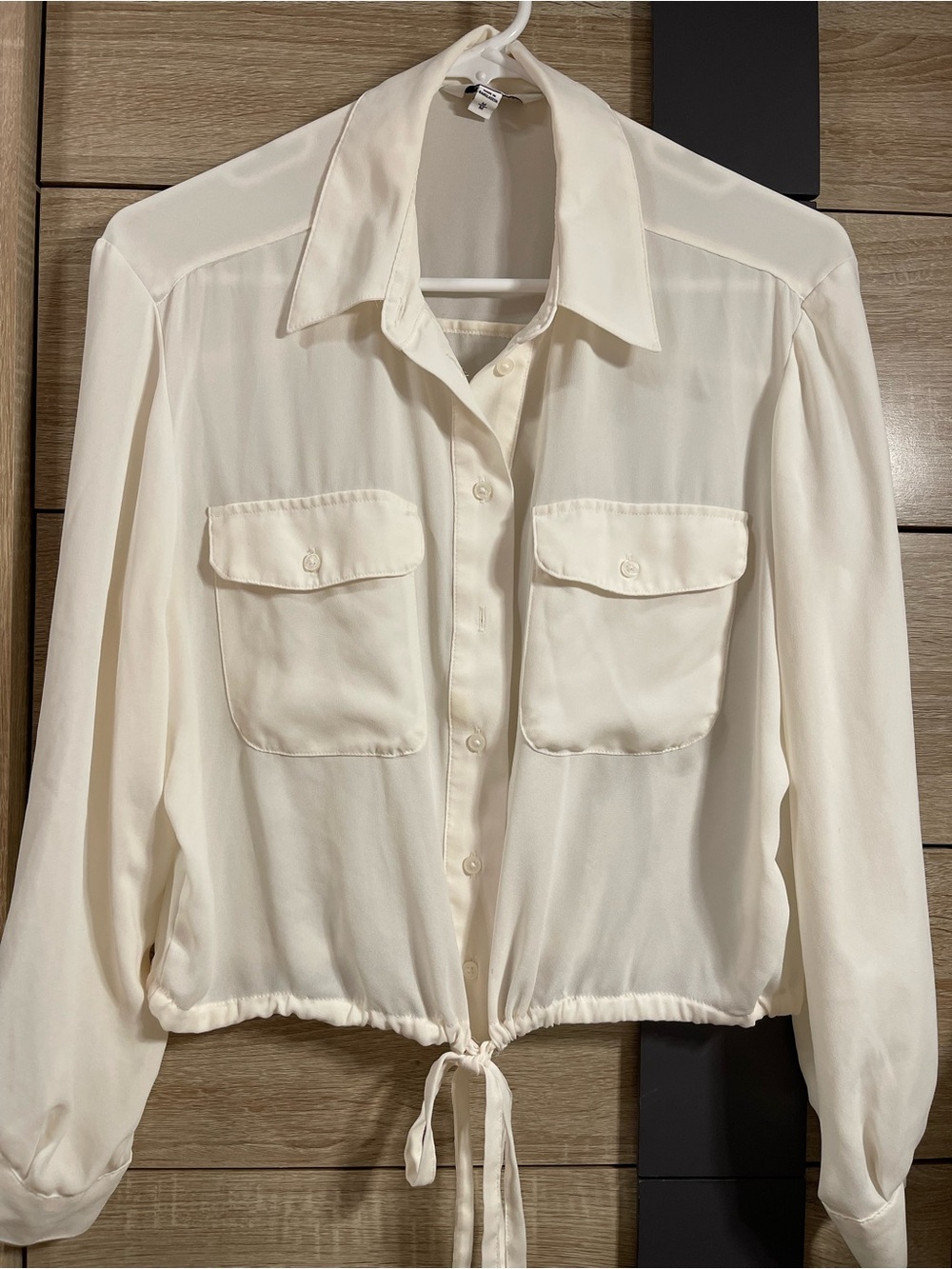 Express Cream Button-Front Tie-Waist Top